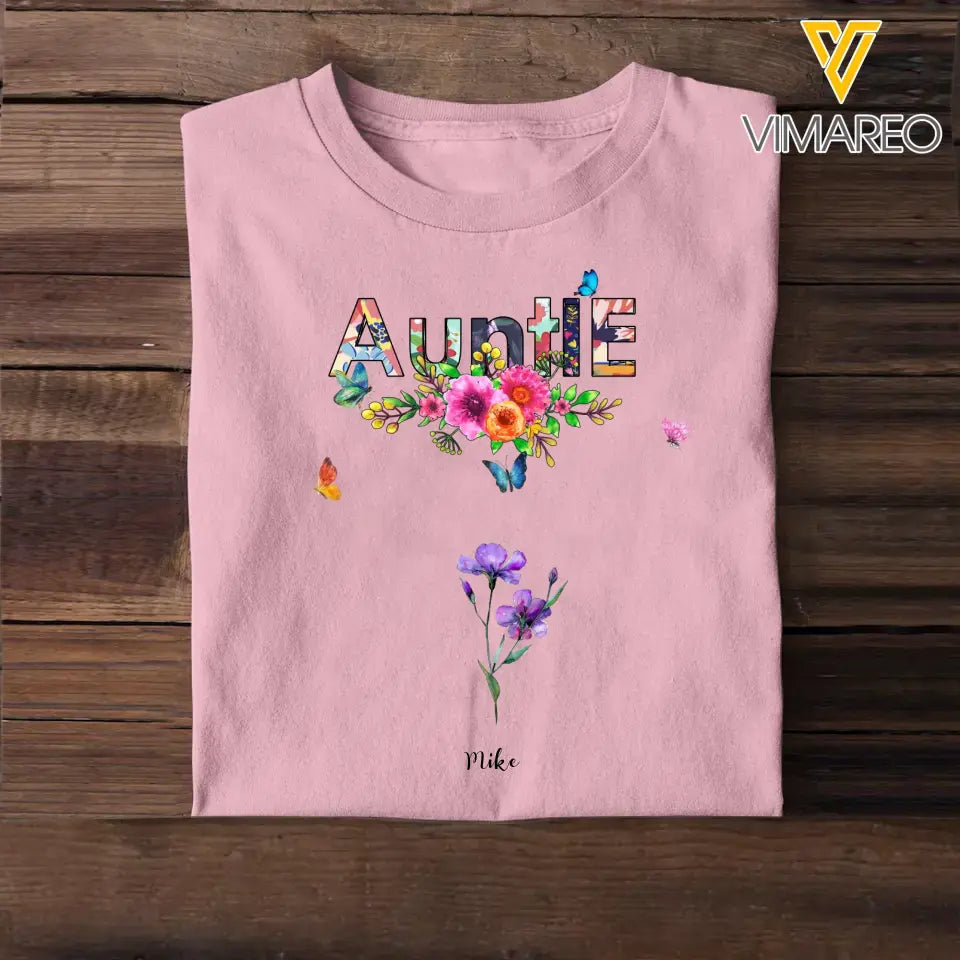Personalized Auntie Flowers with Kid Name T-shirt Printed 23APR-TB21