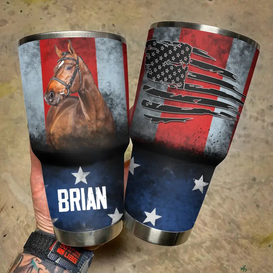 Personalized Upload Your Horse Photo with Name Flag Background Tumbler QTHQ2404