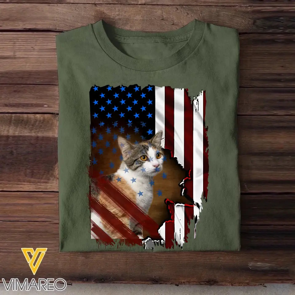 Personalized Upload Your Photo Cat Flag T-shirt Printed 23APR-PN24
