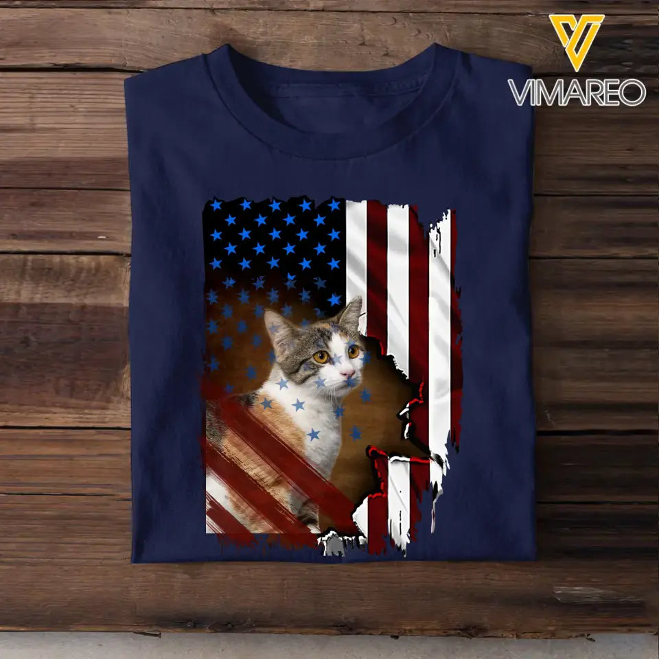 Personalized Upload Your Photo Cat Flag T-shirt Printed 23APR-PN24