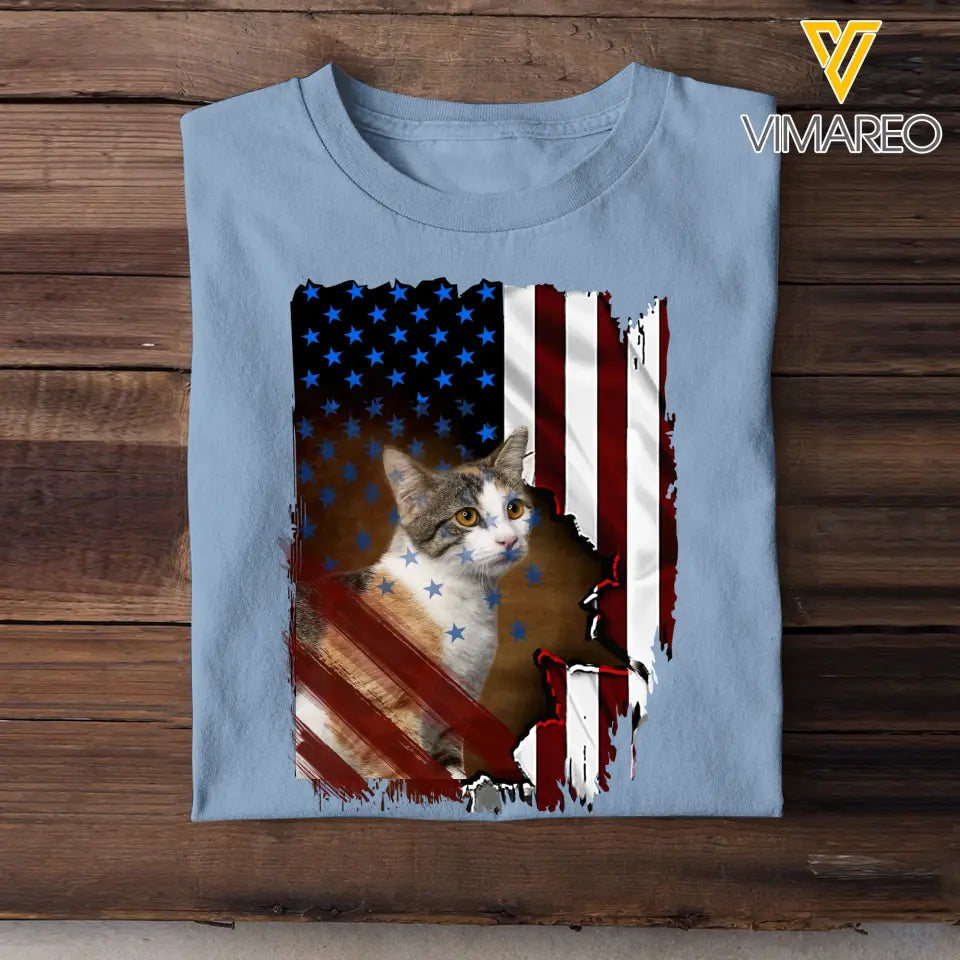 Personalized Upload Your Photo Cat Flag T-shirt Printed 23APR-PN24