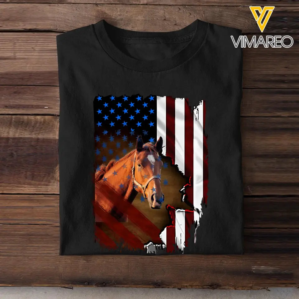 Personalized Upload Your Photo Horse Flag T-shirt Printed 23APR-PN24