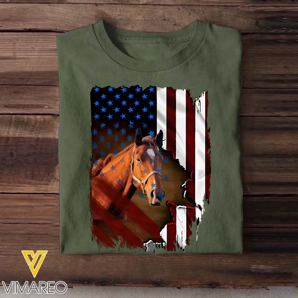 Personalized Upload Your Photo Horse Flag T-shirt Printed 23APR-PN24