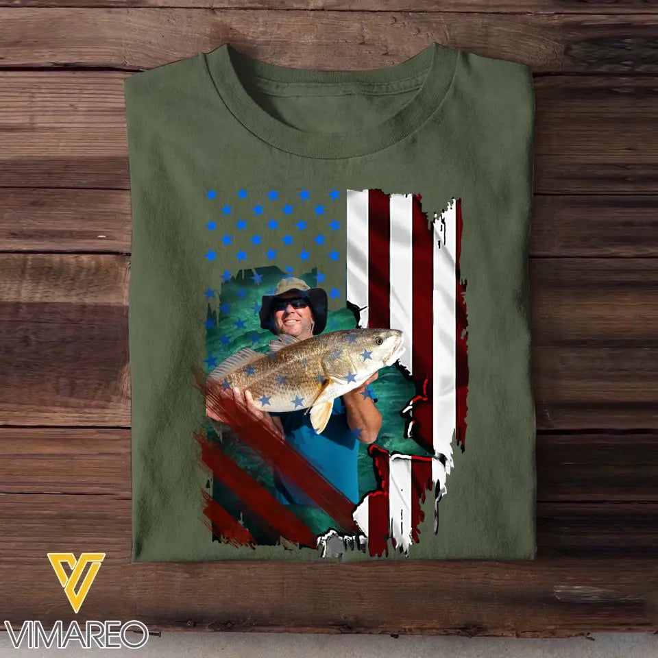 Personalized Upload Your Photo Fishing Flag T-shirt Printed 23APR-PN24