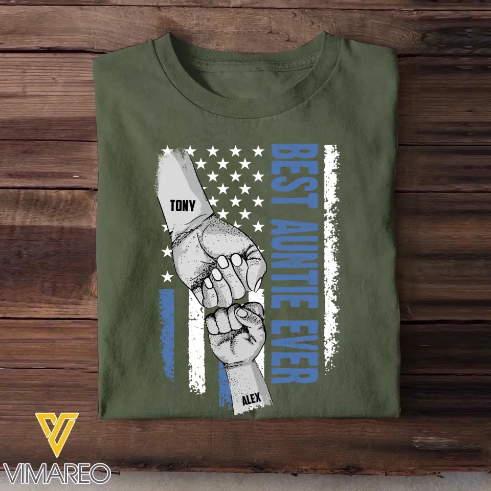 Personalized Best Auntie Ever Hand Kid Name Flag Art Tshirt 23APR-BQT2404