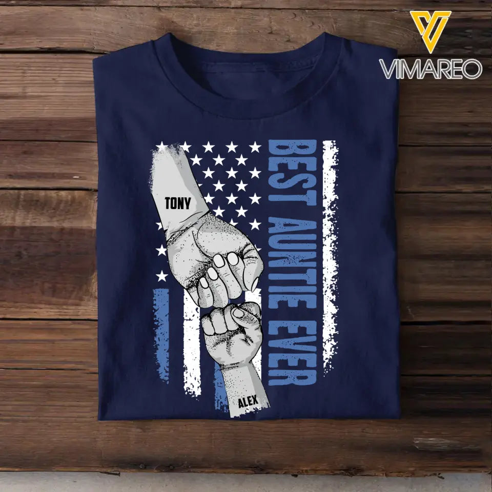 Personalized Best Auntie Ever Hand Kid Name Flag Art Tshirt 23APR-BQT2404