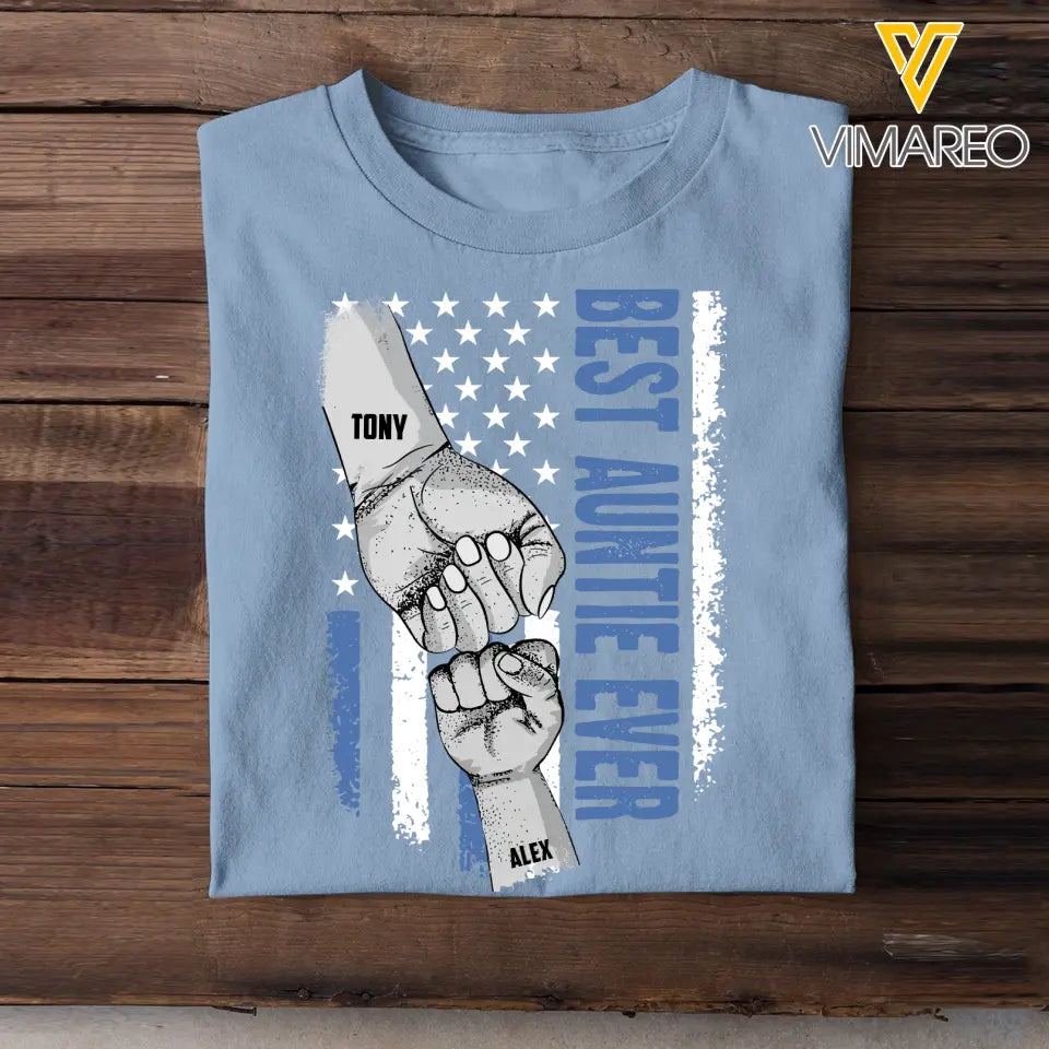 Personalized Best Auntie Ever Hand Kid Name Flag Art Tshirt 23APR-BQT2404