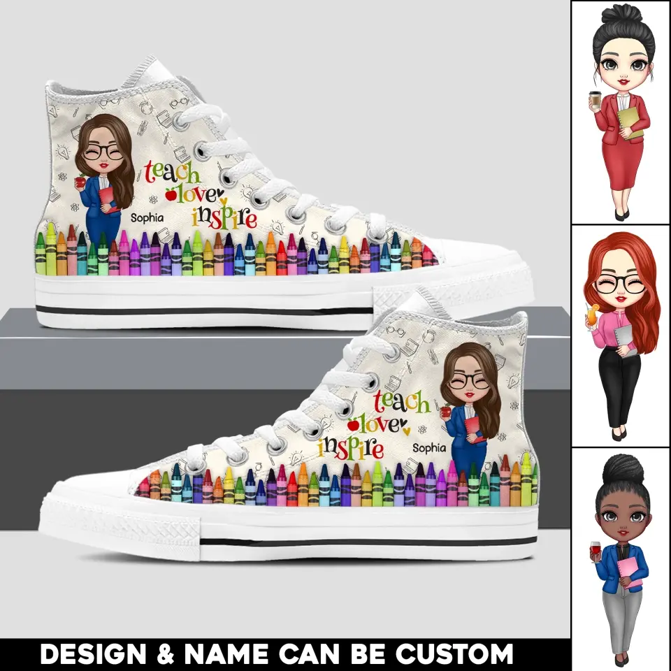 Personalized Crayon Teach Love Inspire with Name Hight Top Canvas Shoes PNHQ0605