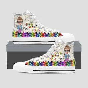 Personalized Crayon Teach Love Inspire with Name Hight Top Canvas Shoes PNHQ0605