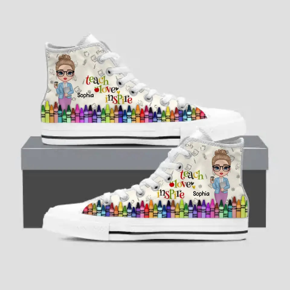 Personalized Crayon Teach Love Inspire with Name Hight Top Canvas Shoes PNHQ0605