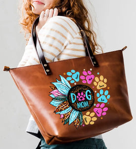 Personalized Dog Mom Colorful Sunflower Dog Name Leather Bag Printed 23MAY-BQT08