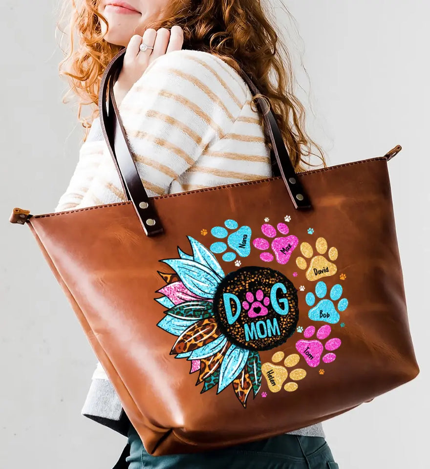 Personalized Dog Mom Colorful Sunflower Dog Name Leather Bag Printed 23MAY-BQT08