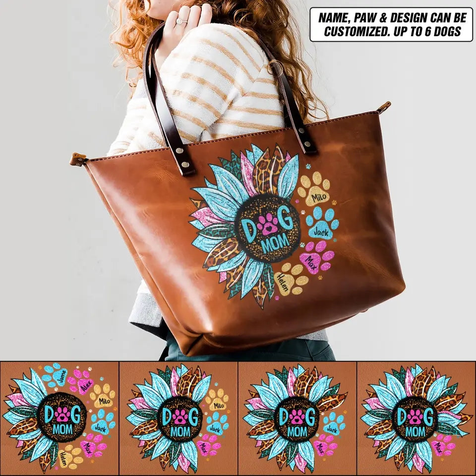 Personalized Dog Mom Colorful Sunflower Dog Name Leather Bag Printed 23MAY-BQT08