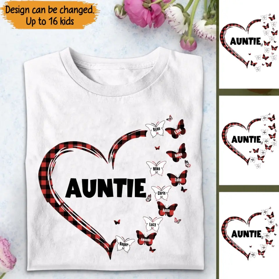 Personalized Auntie Heart Butterflies With Kid Name Tshirt Printed 23MAY-PTN09