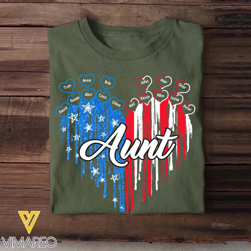 Personalized Auntie Heart Flag Kid Name Tshirt Printed 23MAY-PN10