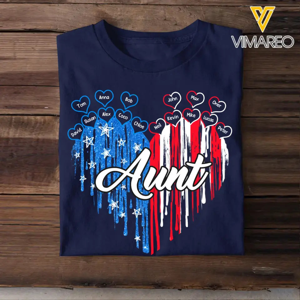 Personalized Auntie Heart Flag Kid Name Tshirt Printed 23MAY-PN10