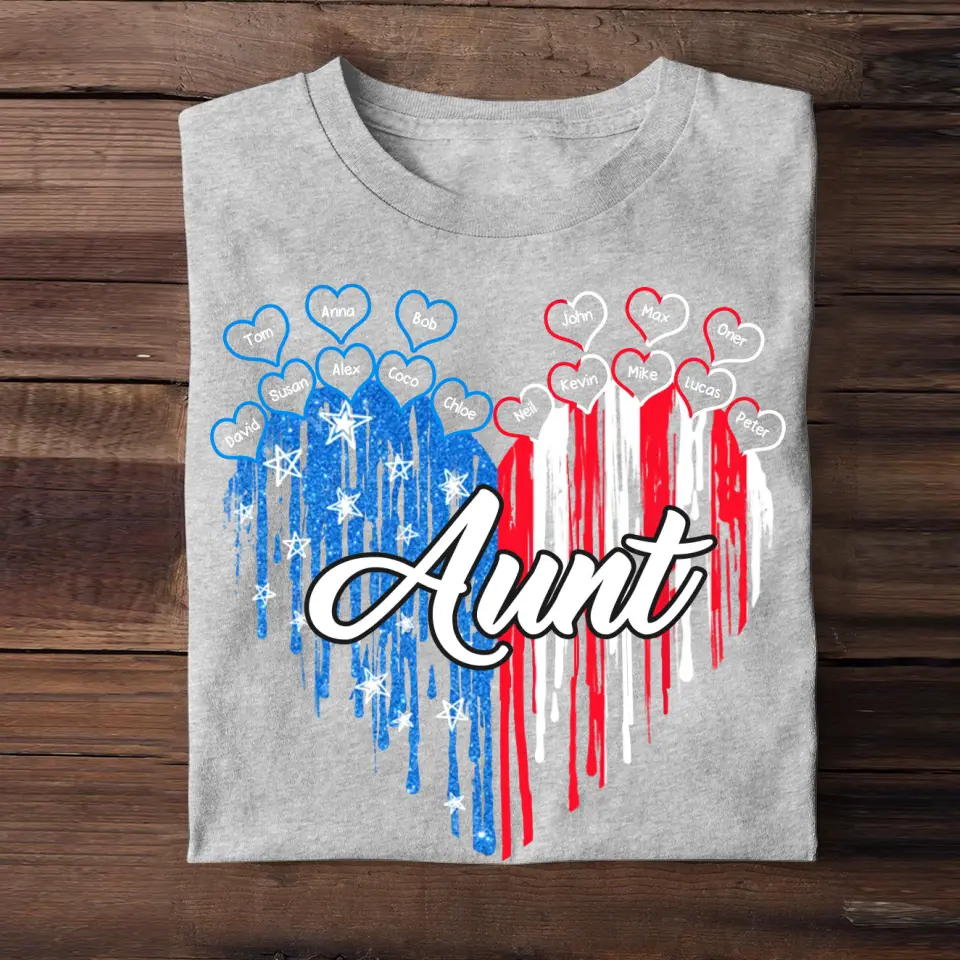 Personalized Auntie Heart Flag Kid Name Tshirt Printed 23MAY-PN10