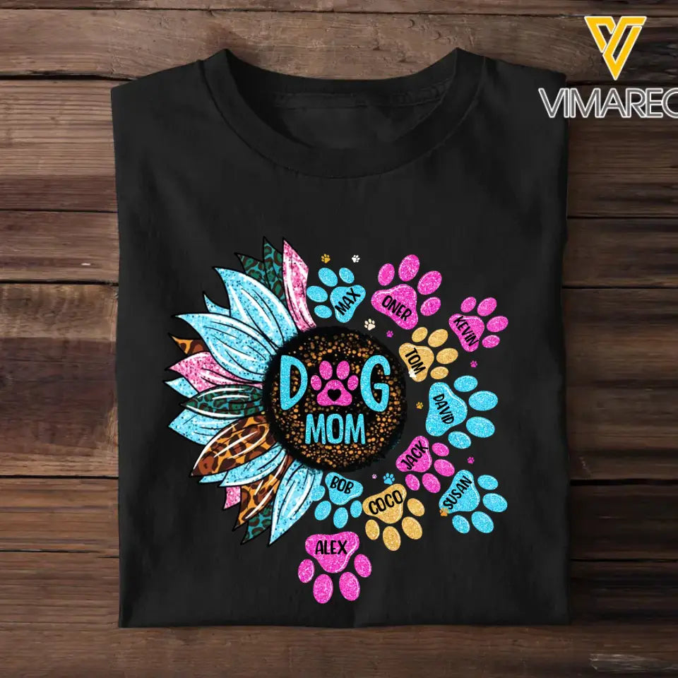 Personalized Dog Mom Sunflower Paw with Dog Name Tshirt Printed 23MAY-DT15