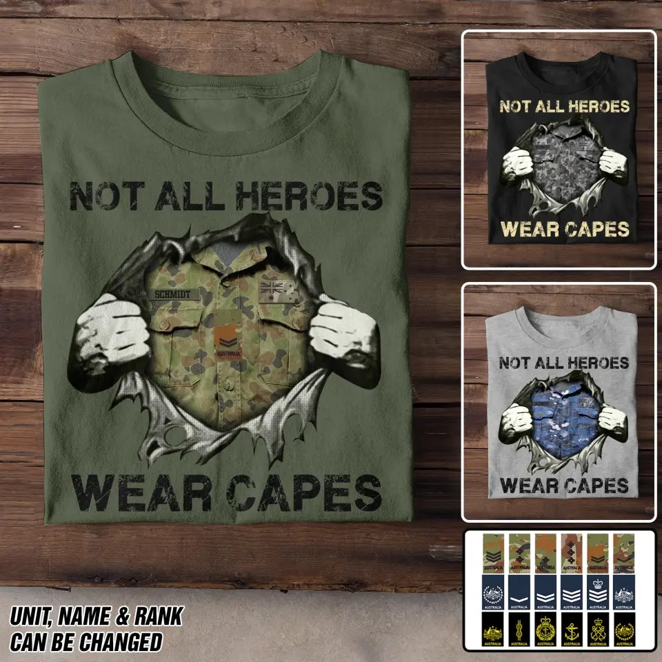 Personalized Australian Veteran/Soldier Rank Camo with Name Not All Heroes Wear Capes Tshirt Printed THDT1705