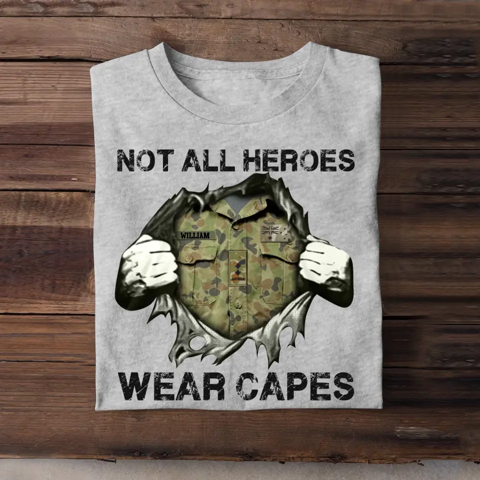 Personalized Australian Veteran/Soldier Rank Camo with Name Not All Heroes Wear Capes Tshirt Printed THDT1705
