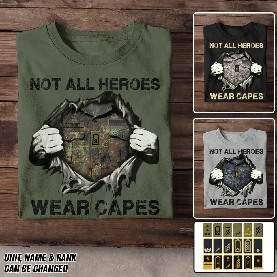 Personalized German Veteran/Soldier Rank Camo with Name Not All Heroes Wear Capes Tshirt Printed THDT1705