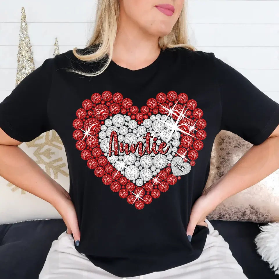 Personalized Auntie Diamond Heart with Kid Name T-shirt Printed 23MAY-DT18