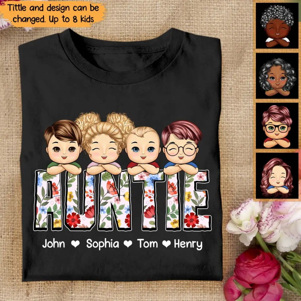 Personalized Mama Auntie with Kids Names T-shirt Printed QTPN2405
