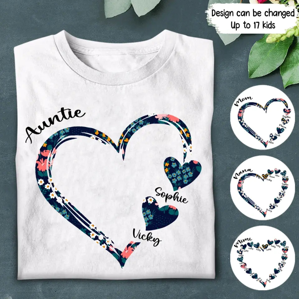 Personalized Auntie Mom Grandma Summer Heart Custom Name Kids Tshirt