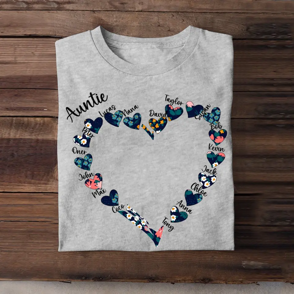 Personalized Auntie Mom Grandma Summer Heart Custom Name Kids Tshirt
