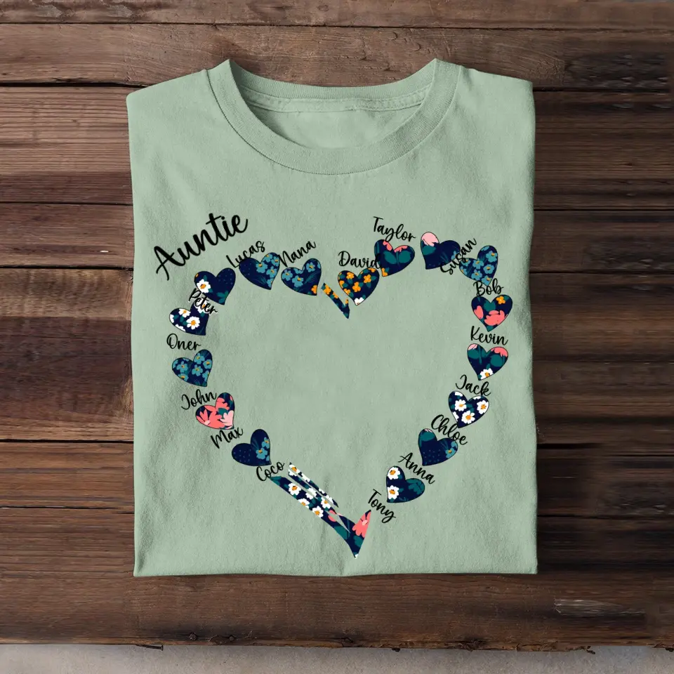 Personalized Auntie Mom Grandma Summer Heart Custom Name Kids Tshirt