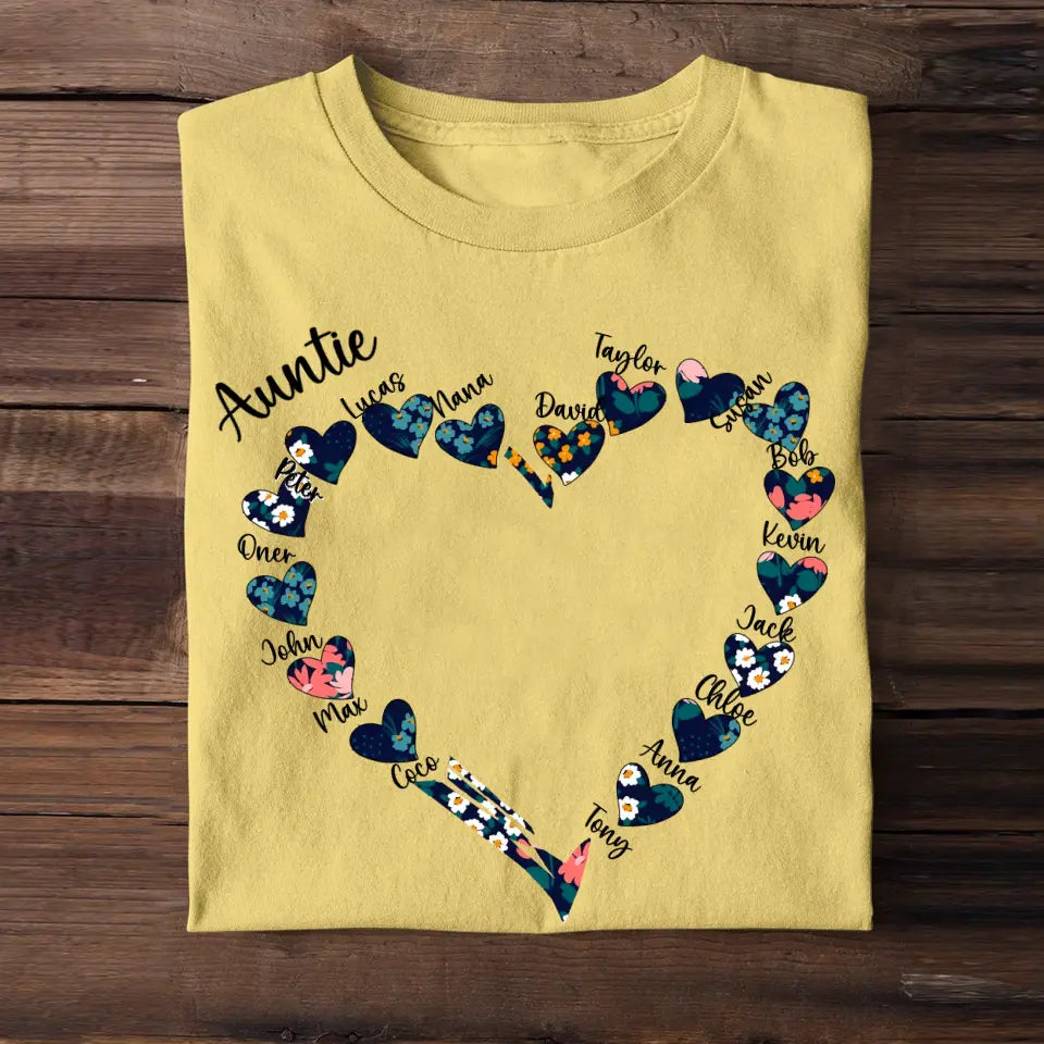 Personalized Auntie Mom Grandma Summer Heart Custom Name Kids Tshirt