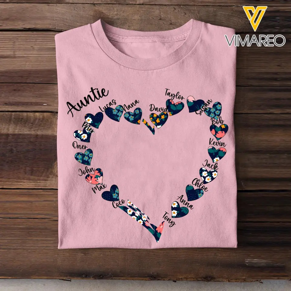 Personalized Auntie Mom Grandma Summer Heart Custom Name Kids Tshirt