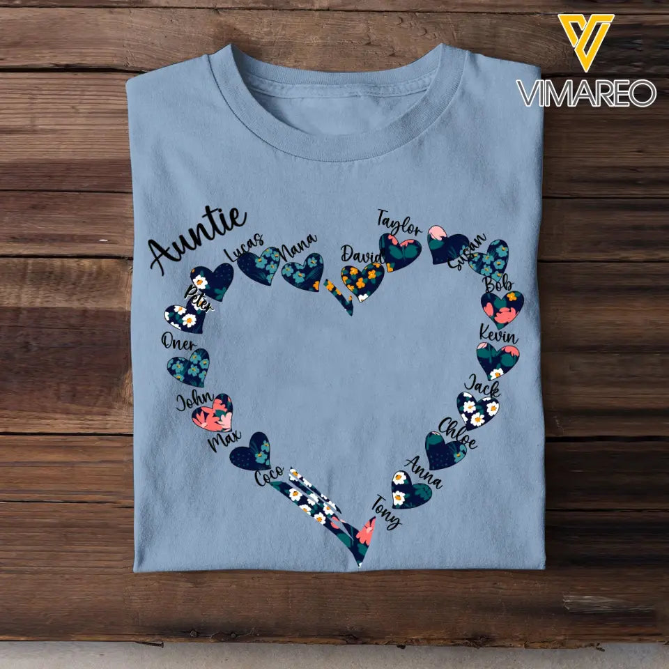 Personalized Auntie Mom Grandma Summer Heart Custom Name Kids Tshirt