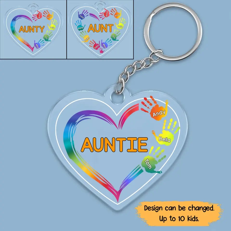 Personalized Auntie Heart Hands with Kids Names Acrylic Keychain Gift Printed 23JUN-TB02