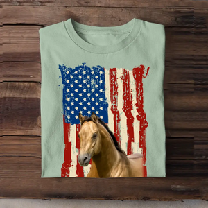 Personalized Upload Your Horse Photo Flag Background T-shirt Printed MTHDT0606