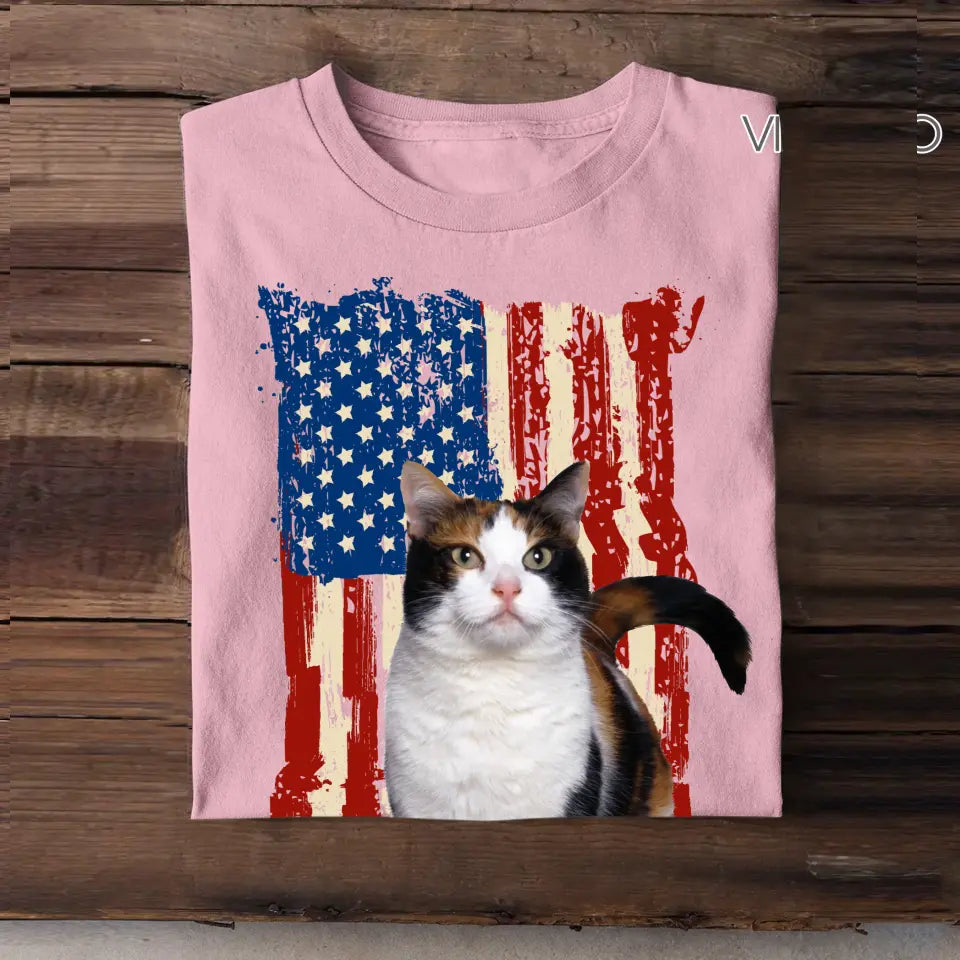 Personalized Upload Your Cat Photo Flag Background T-shirt Printed MTHDT1306