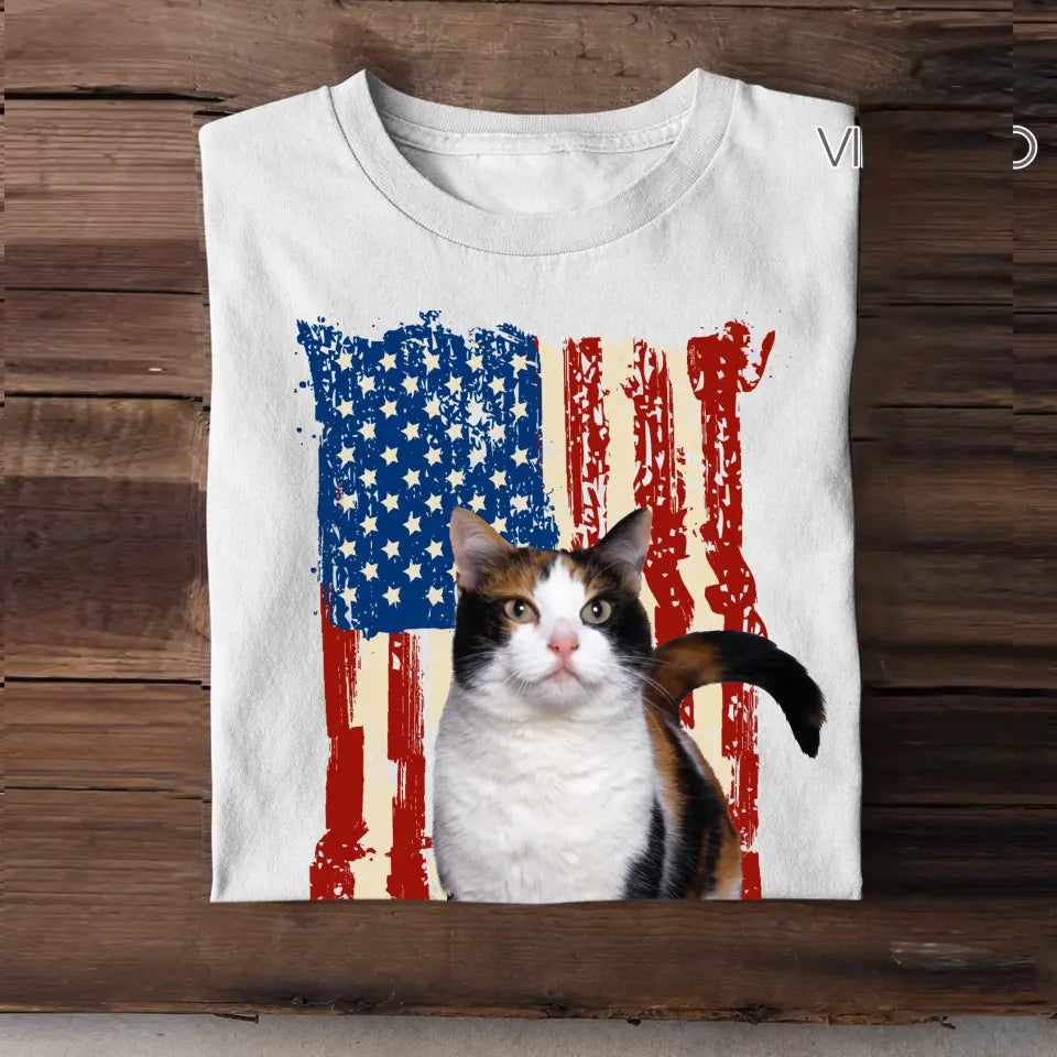 Personalized Upload Your Cat Photo Flag Background T-shirt Printed MTHDT1306