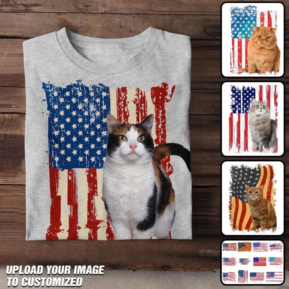 Personalized Upload Your Cat Photo Flag Background T-shirt Printed MTHDT1306