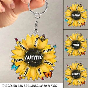 Personalized Auntie Sunflower with Kid Names Acrylic Keychain Printed 23JUN-TB13