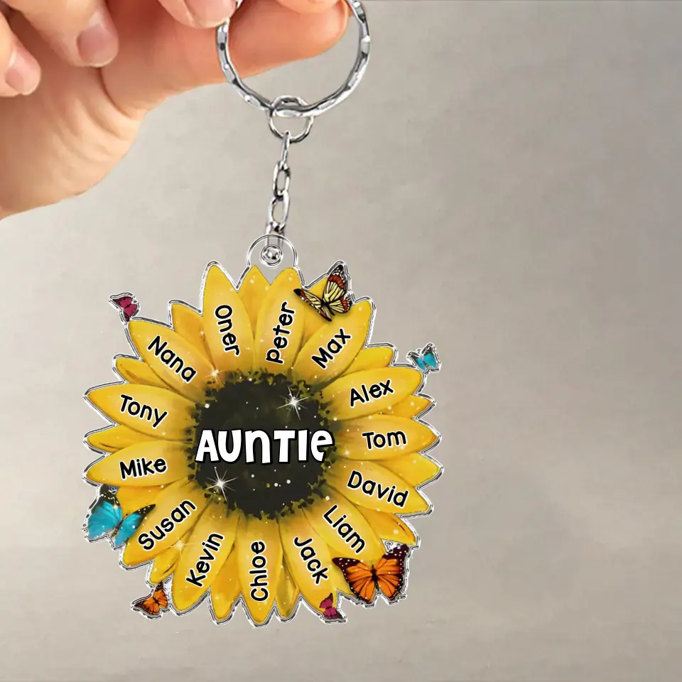 Personalized Auntie Sunflower with Kid Names Acrylic Keychain Printed 23JUN-TB13