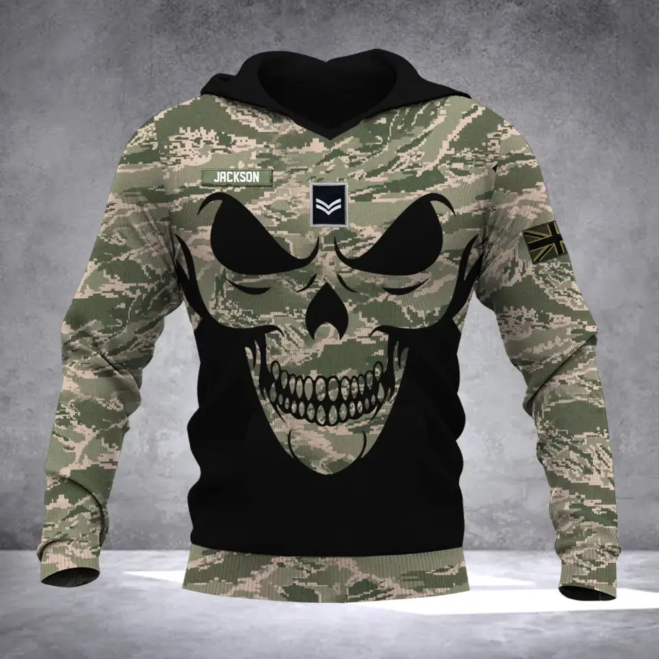 Personalized British Veteran Solder With Name And Rank Skull Camo Hoodie 3D Printed QTDT1506