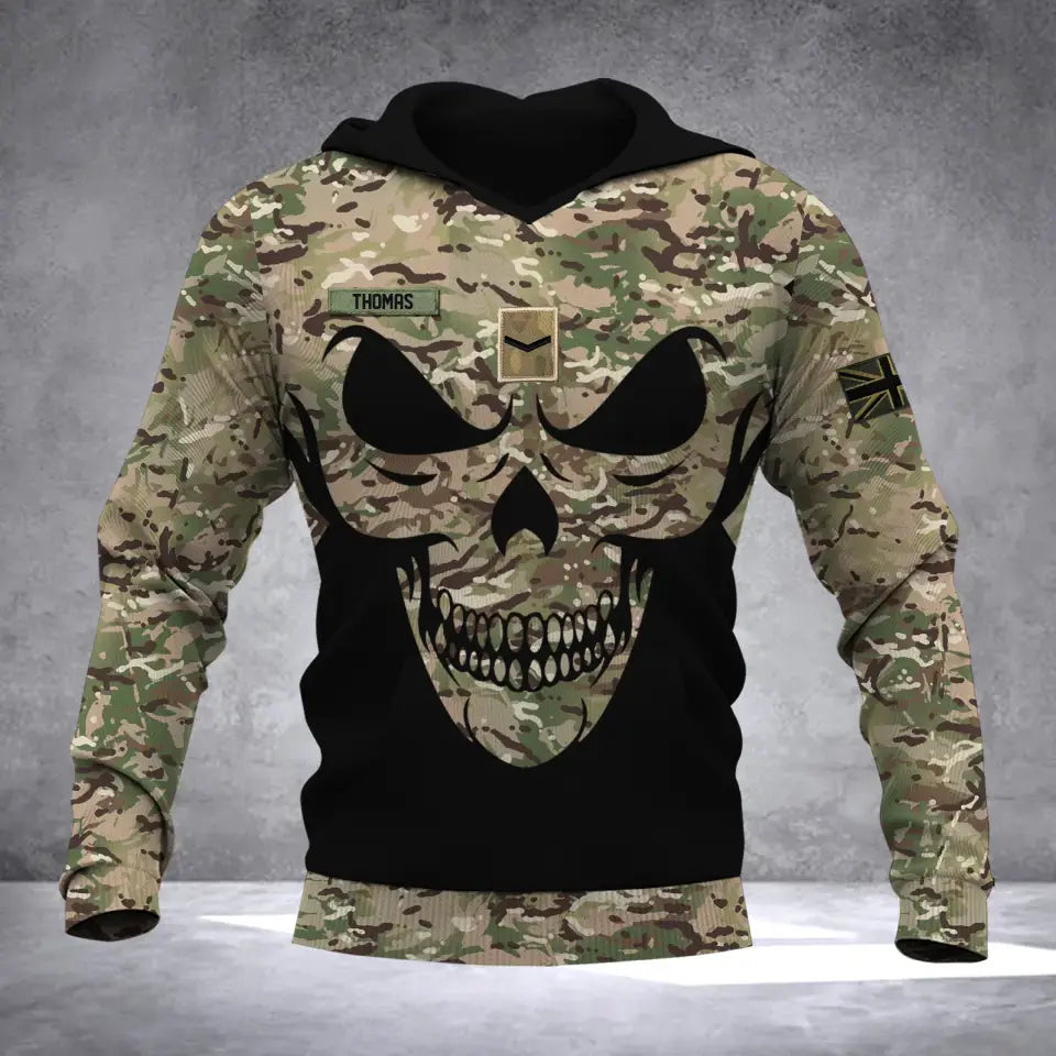 Personalized British Veteran Solder With Name And Rank Skull Camo Hoodie 3D Printed QTDT1506