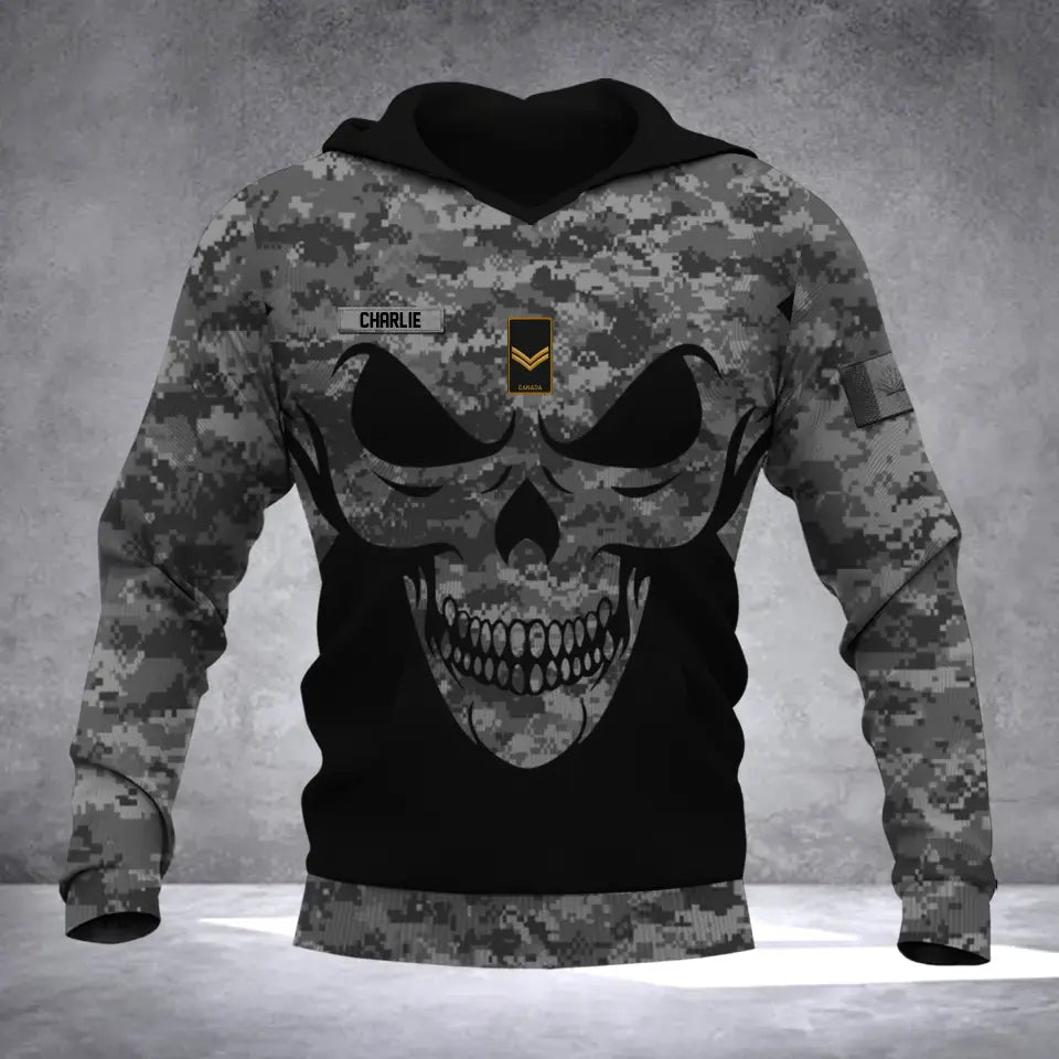 Personalized Canadina Veteran Solder With Name And Rank Skull Camo Hoodie 3D Printed QTDT1506