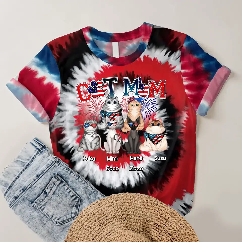 Personalzied Cat Mom Cat Names Cat Lovers Flag Motifs Tie Dye Color 3D TShirt Printed HTHDT1206