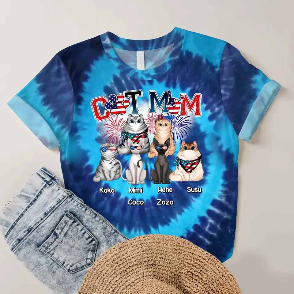 Personalzied Cat Mom Cat Names Cat Lovers Flag Motifs Tie Dye Color 3D TShirt Printed HTHDT1206