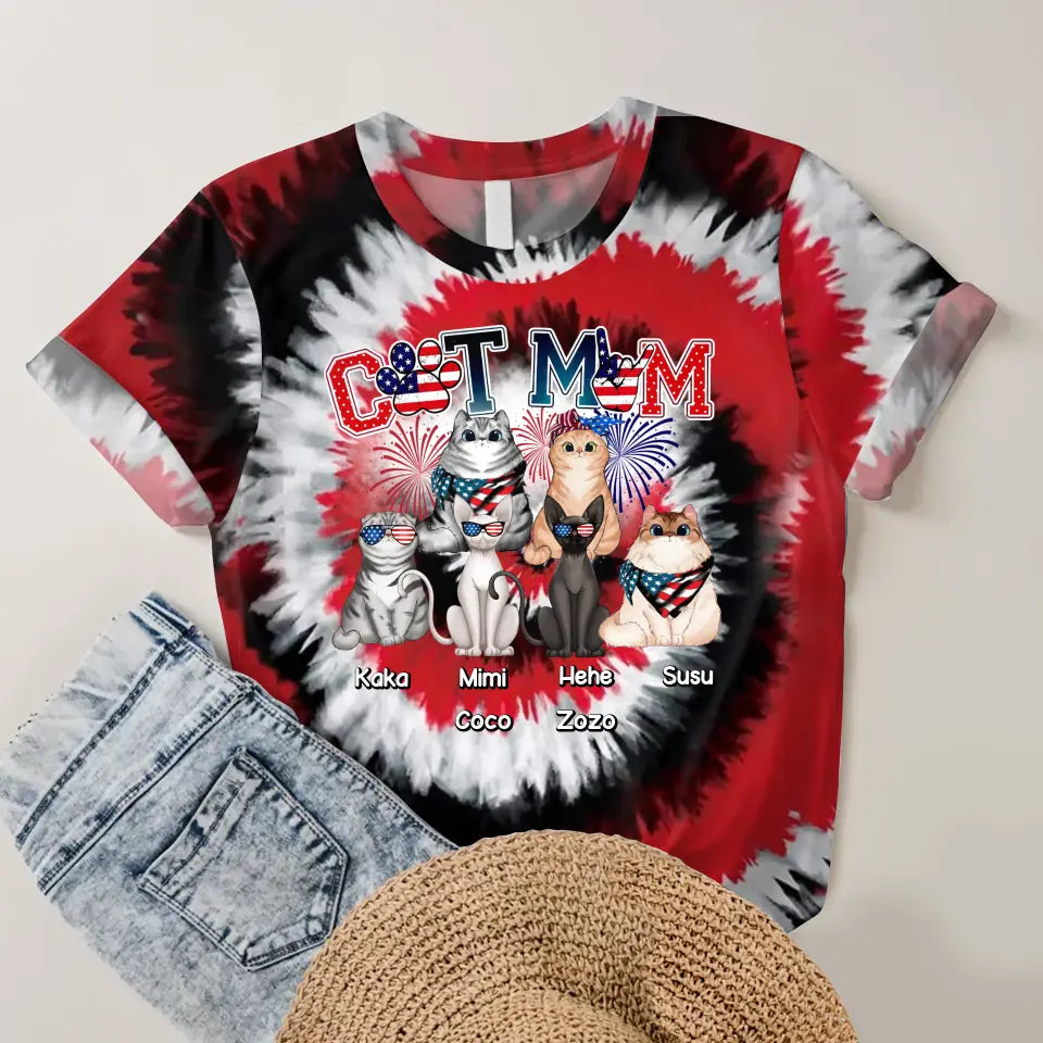 Personalzied Cat Mom Cat Names Cat Lovers Flag Motifs Tie Dye Color 3D TShirt Printed HTHDT1206