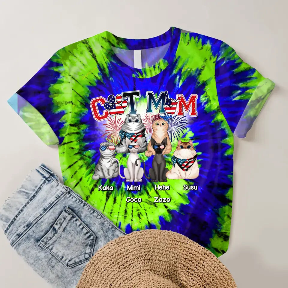 Personalzied Cat Mom Cat Names Cat Lovers Flag Motifs Tie Dye Color 3D TShirt Printed HTHDT1206