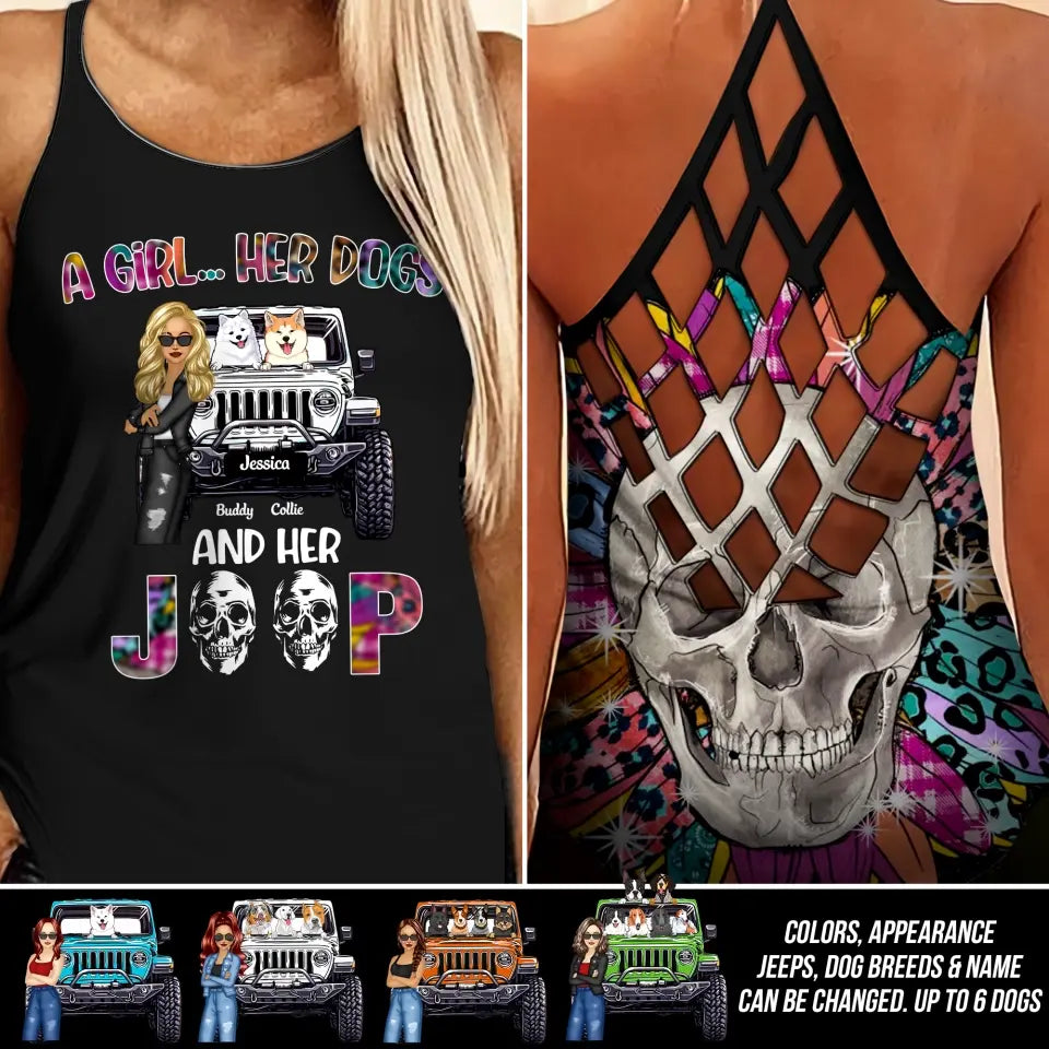 Personalized A Girl Her Dogs And Her Jeep Criss Cross Tank Printed HTHDT1506