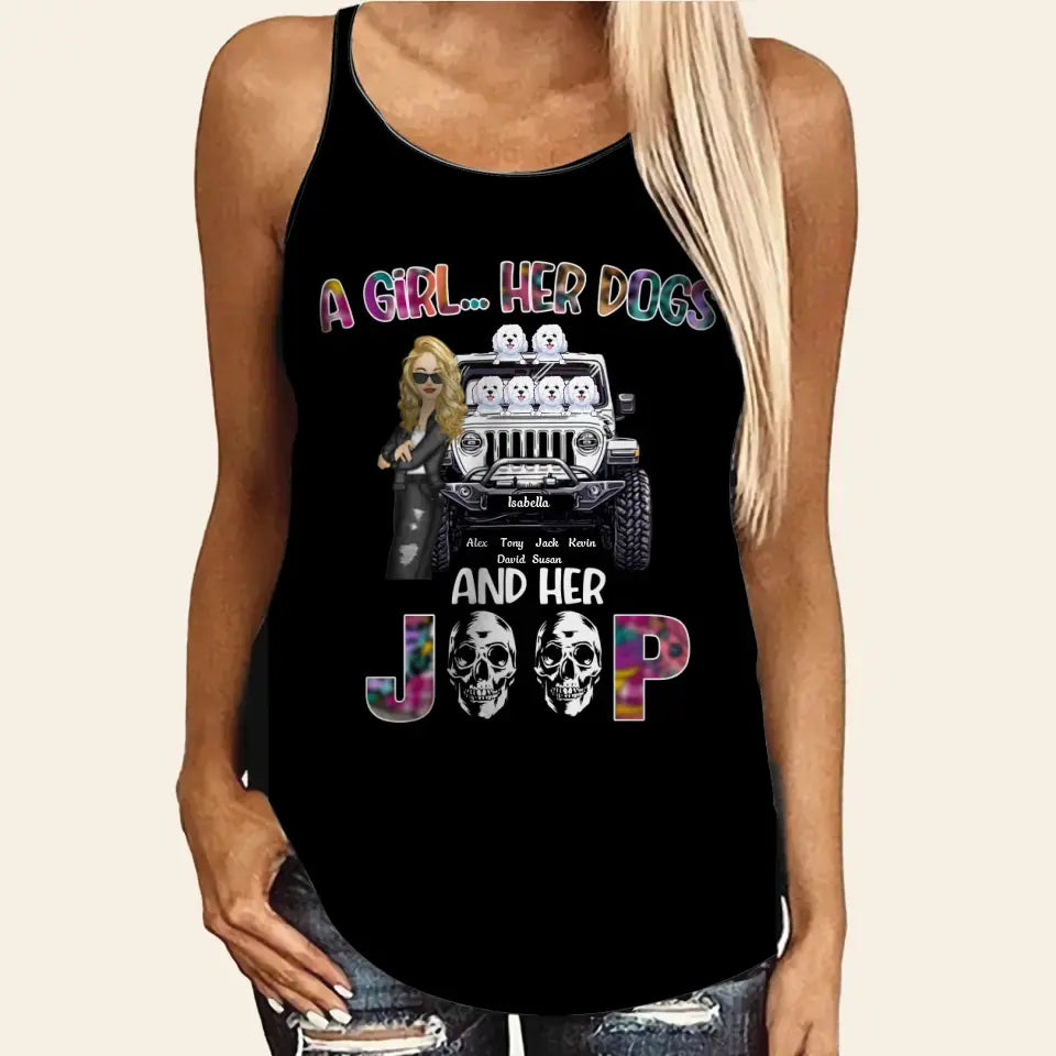Personalized A Girl Her Dogs And Her Jeep Criss Cross Tank Printed HTHDT1506