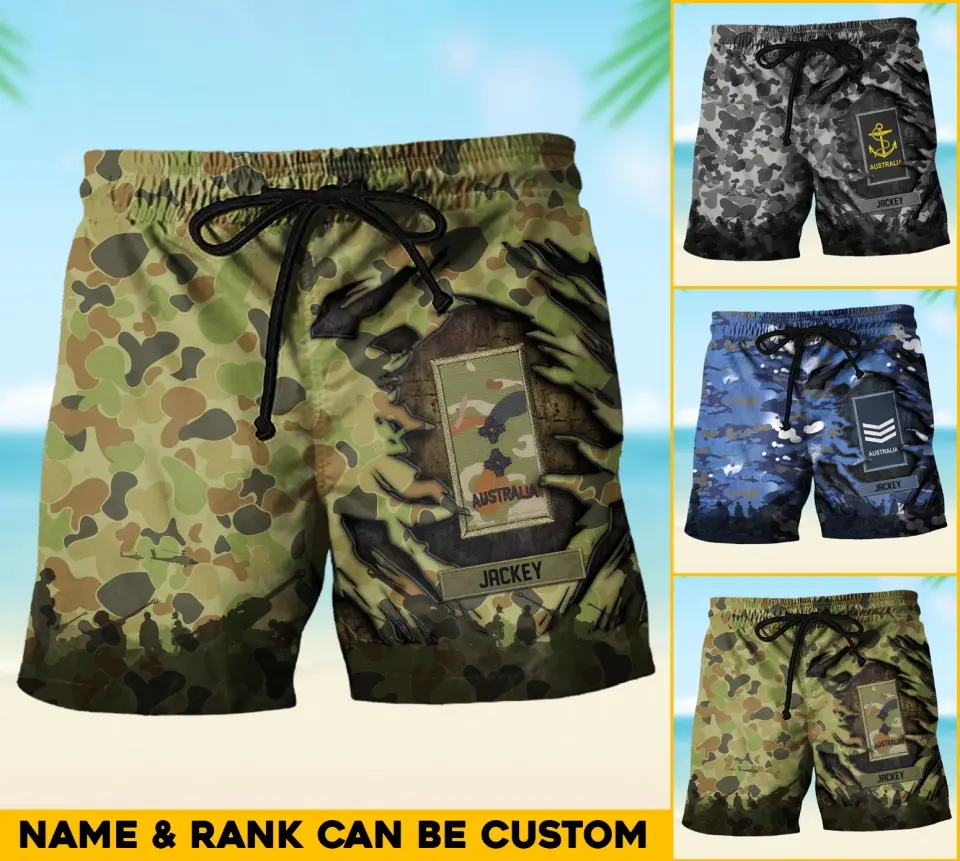 Personalized Australian Soldier/Veteran Rank with Name Beach Short Pants Printed 23JUN-HQ15